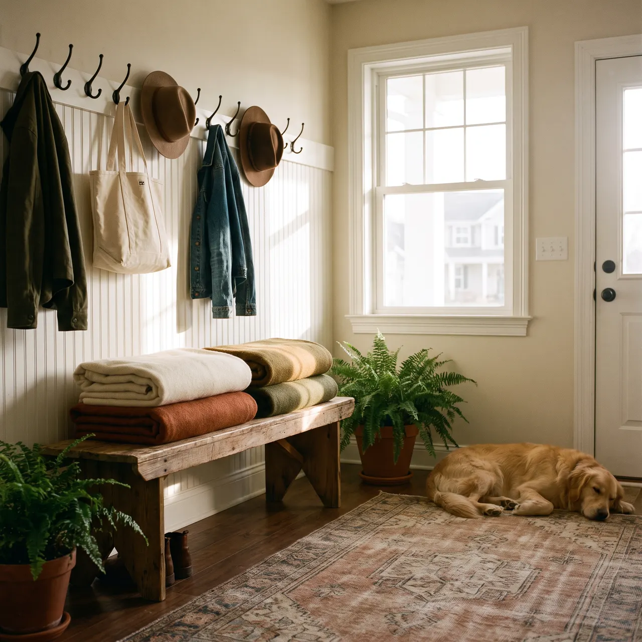 warm photo of a tidy suburban home entryway in soft morning light, coat hooks and a small bench with folded blankets