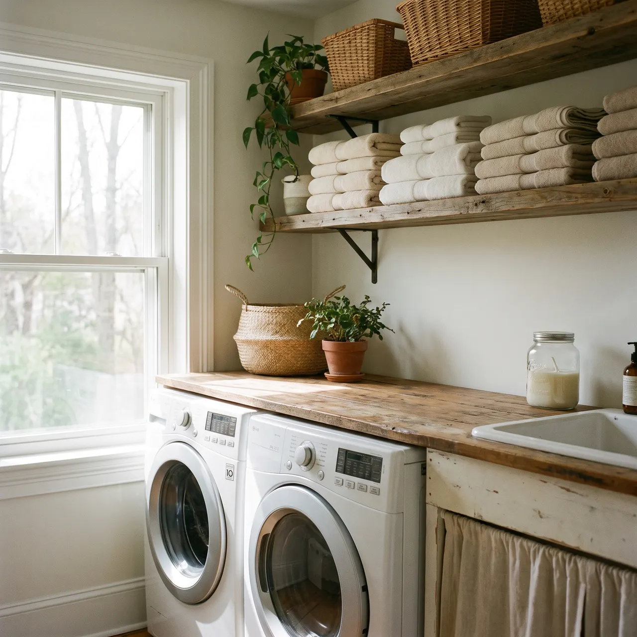 calm photo of a bright laundry room with a front-loading washing machine, folded towels on a wooden shelf, natural daylight