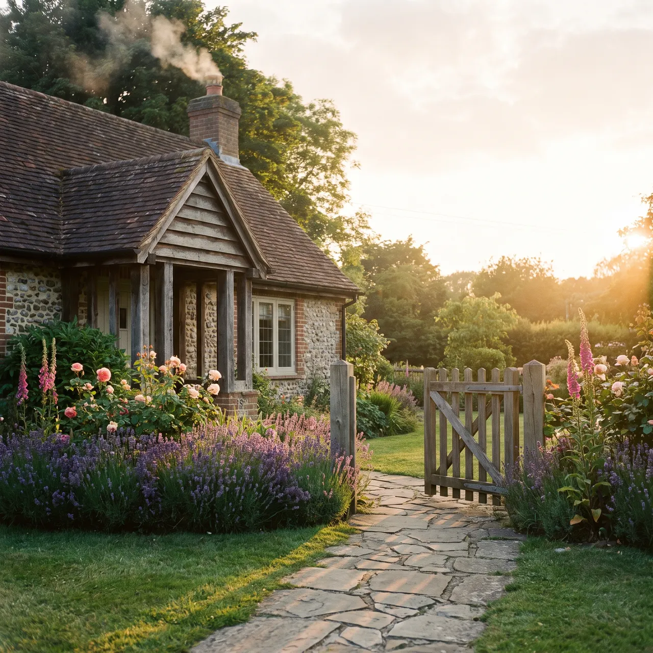 peaceful photo of a small house exterior with a neat front garden and stone path, late afternoon golden light